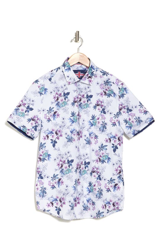 Shop Soul Of London Floral Print Stretch Cotton Short Sleeve Button-up Shirt In White