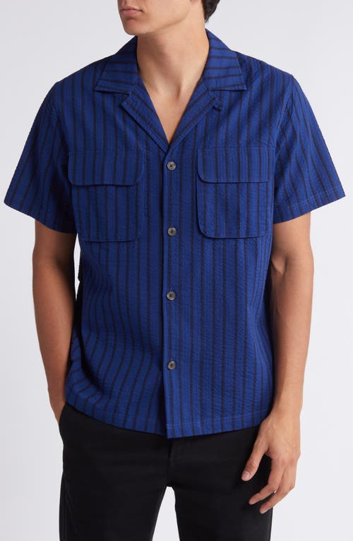 Osmund Stripe Cotton Seersucker Camp Shirt in Dark Navy/Blueprint