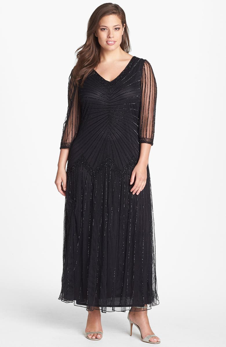 Pisarro Nights Embellished Illusion Sleeve Mesh Gown (Plus Size ...