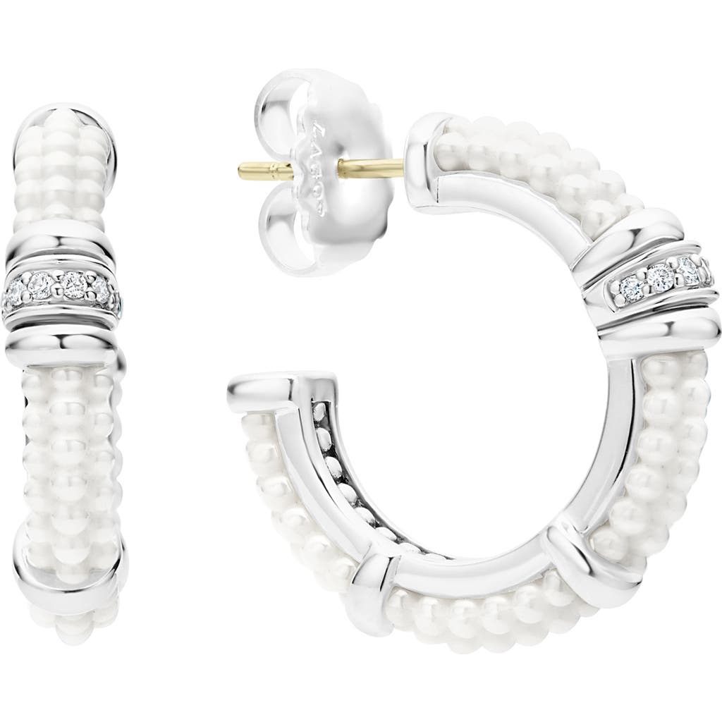 Lagos Sterling Silver White Caviar White Ceramic Diamond 1-row Hoop Earrings, 23mm In Silver/diamond