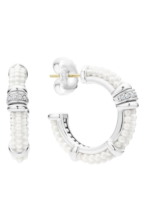 Shop Lagos White Caviar Ceramic & Diamond Hoop Earrings In Silver/diamond