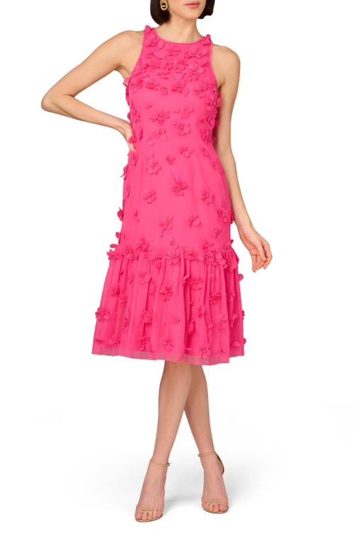 Beaded Floral Appliqué Midi Cocktail Dress in Electric Pink