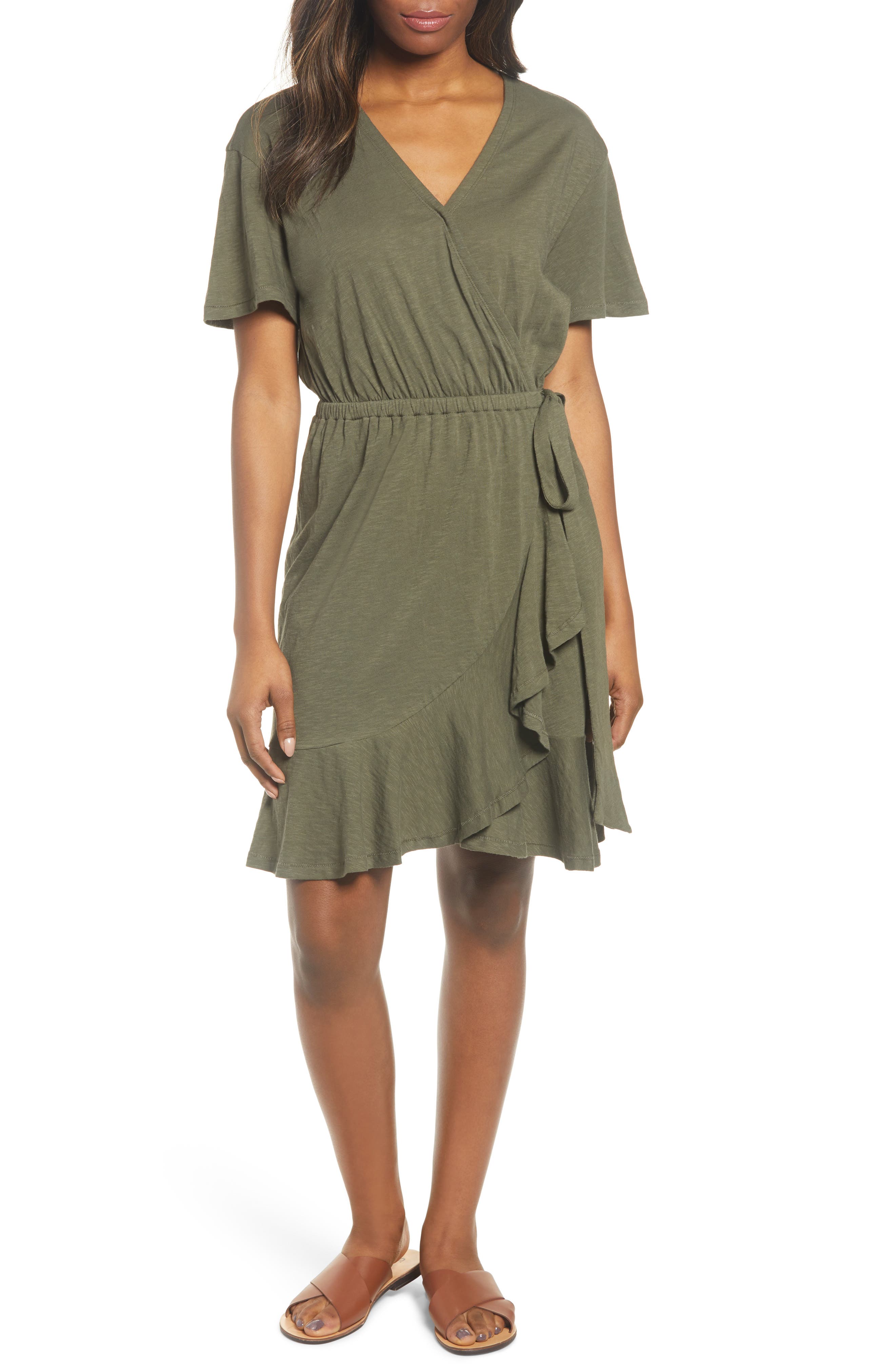 Caslon Asymmetrical Hem Faux Wrap Dress, Green
