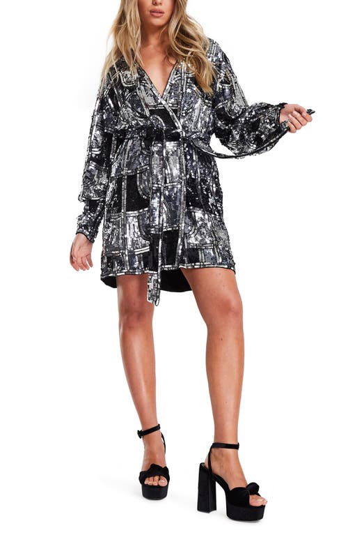Graphic Sequin Long Sleeve Wrap Minidress in Silver/Black