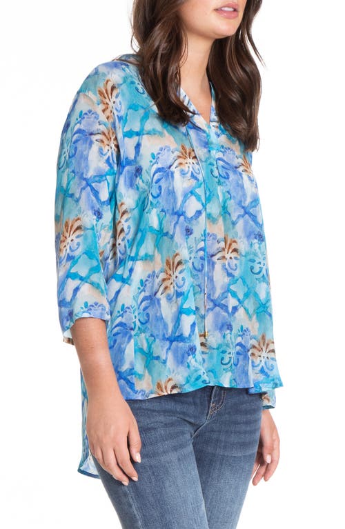 Shop Apny Print Tie Neck Top In Blue Multi