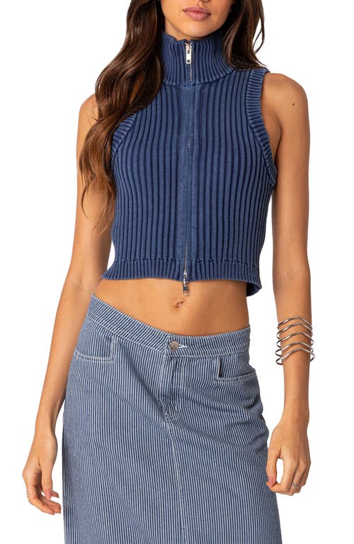 EDIKTED Front Zip Sleeveless Rib Crop Top Blue at Nordstrom,