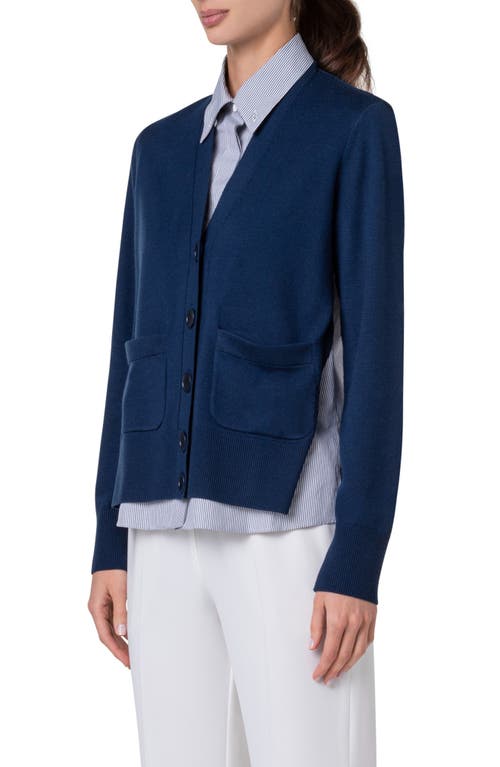 Akris Punto Illusional Mixed Media Cardigan With Striped Blouse Detail In Ink-cream