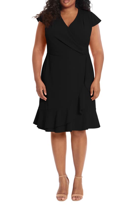 London Times Plus Size Pleated Flounce Surplice Dress In Black