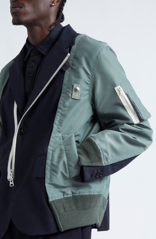 Shop Sacai Mixed Media Suiting Bomber Jacket In Green/dark Blue