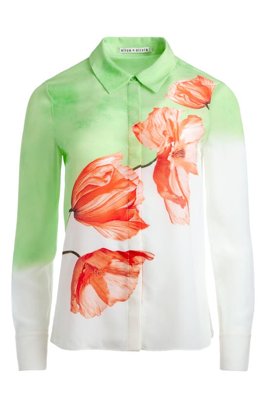 Shop Alice And Olivia Alice + Olivia Brady Floral Slim Fit Silk Button-up Shirt In Dream Life Sharp Green