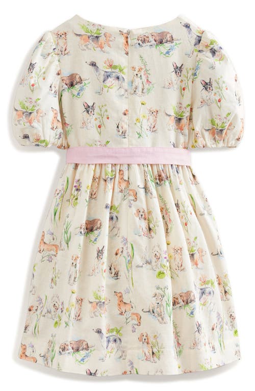 Shop Mini Boden Kids' Pup Print Puff Sleeve Cotton & Linen Dress In Ivory Painted Puppies