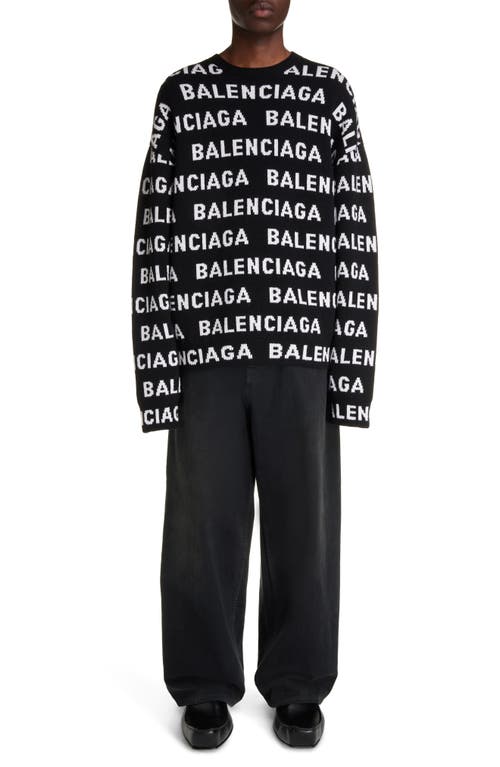 Shop Balenciaga Allover Logo Wool Blend Crewneck Sweater In White/black