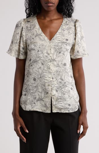 Pleione V-neck Button Top In Ivory Black Stencil