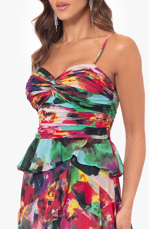 Shop Xscape Evenings Tiered Ruffle Sleevless Gown In Green/multi