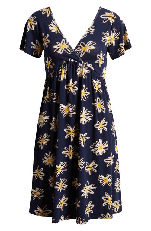 Shop Loveappella Floral Tie Back Surplice V-neck Knit Minidress In Navy/ivory