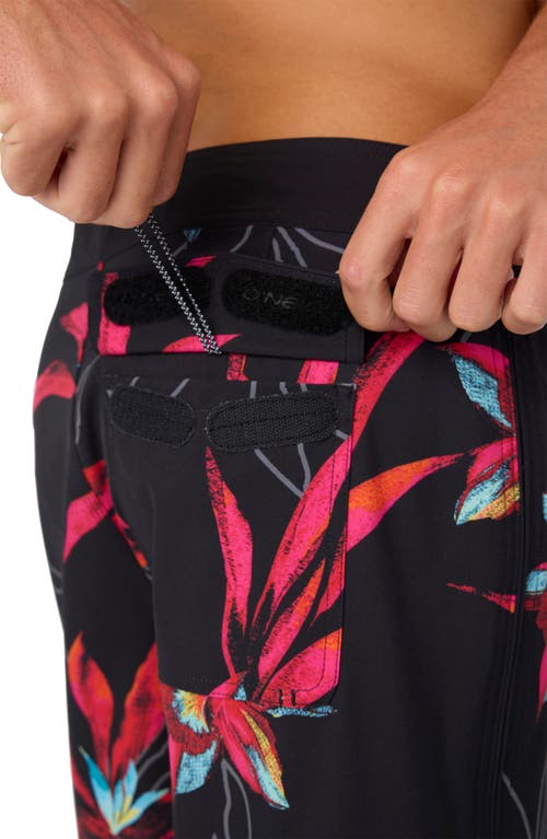 Shop O'neill Hyperfreak Mysto Scallop Swim Trunks In Black/red Flowers