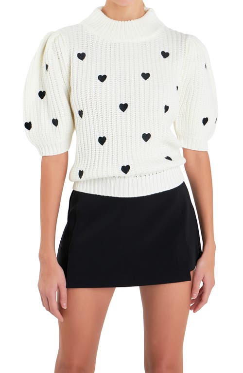 Shop English Factory Heart Embroidered Puff Sleeve Sweater In White/black