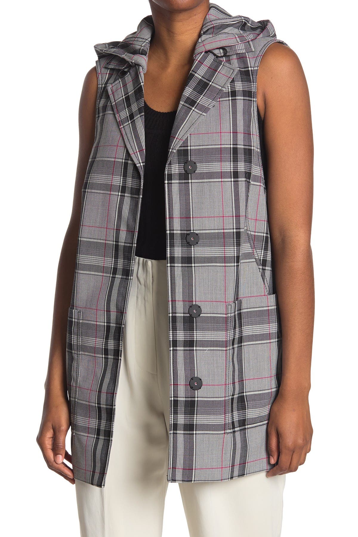 3.1 Phillip Lim Plaid Dropped Armhole Hooded Vest In White-navy-hot Pink
