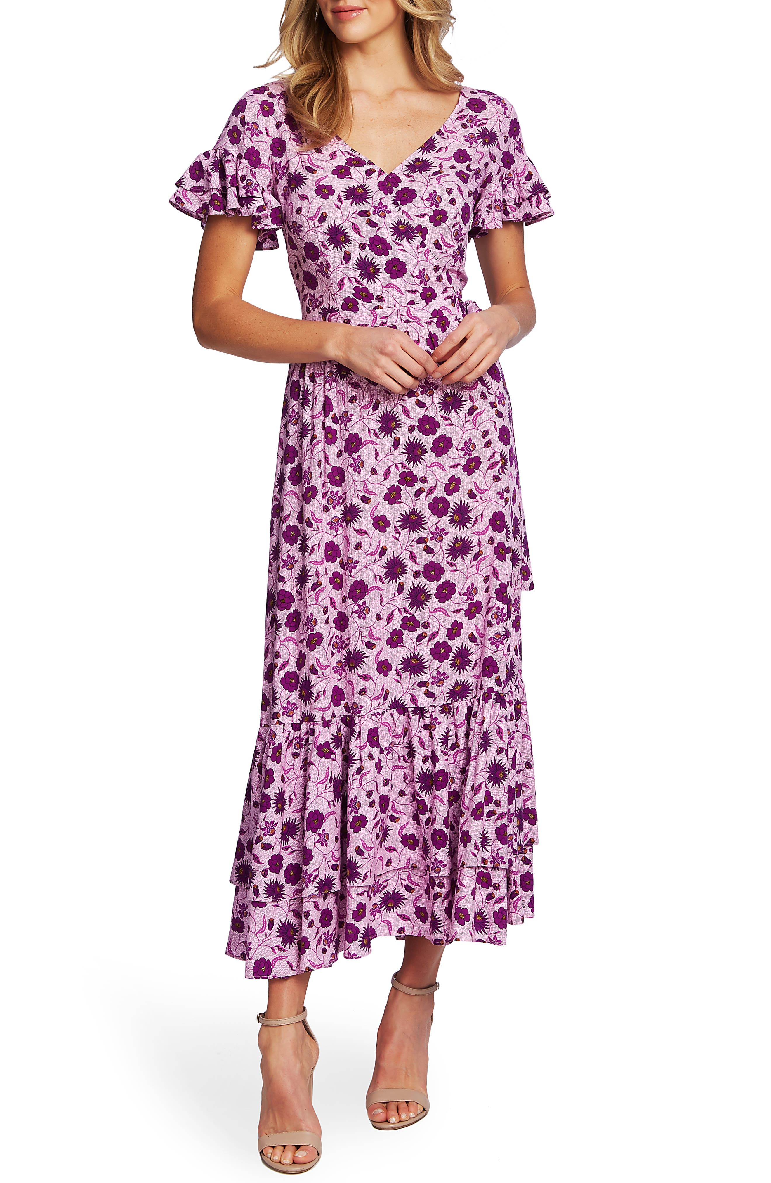 Cece Moroccan Tile Ruffle Trim Maxi Dress, Purple