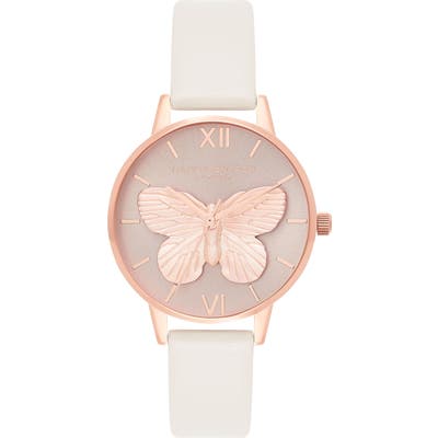 Olivia Burton 3D Butterfly Leather Strap Watch, 30Mm