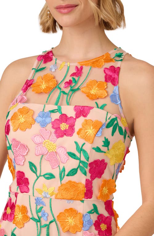 Adrianna Papell Floral Embroidered A-line Midi Dress In Pink/yellow Multi