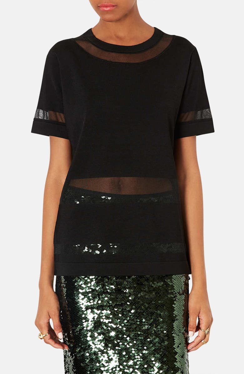 TOPSHOP Sheer Panel Tunic Top, Main, color, Black