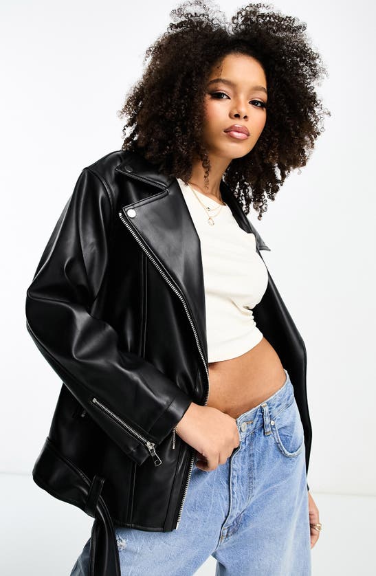 Asos Design Longline Oversized Faux Leather Moto Jacket In Black In Black