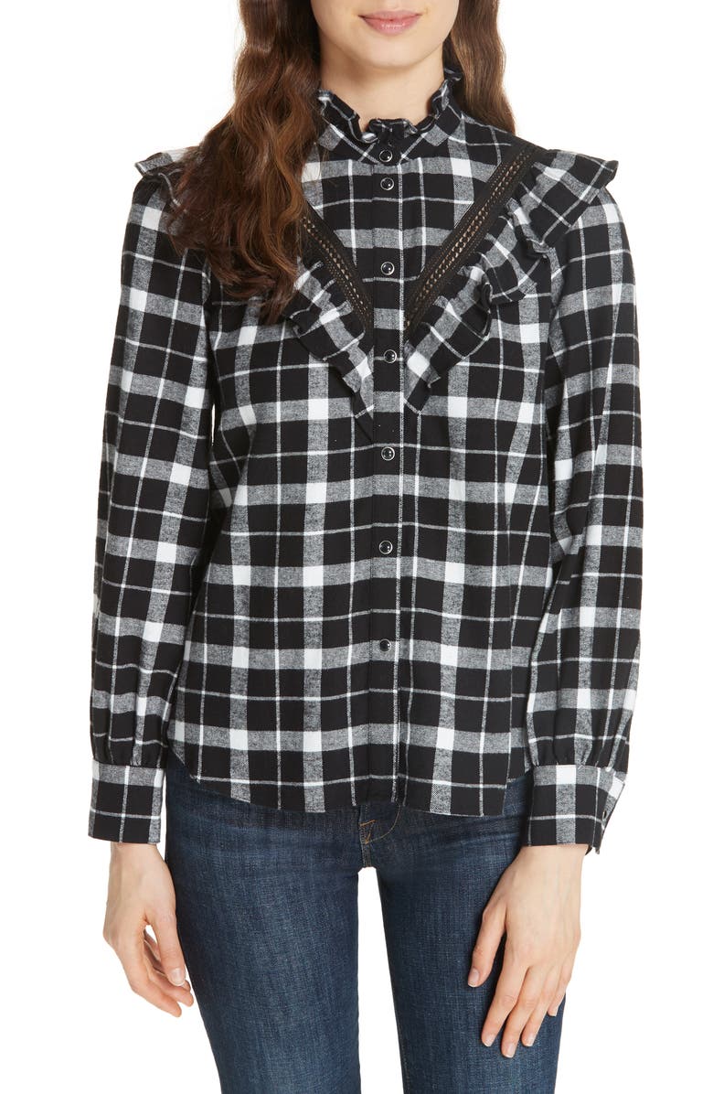 KATE SPADE NEW YORK rustic plaid flannel shirt, Main, color, BLACK