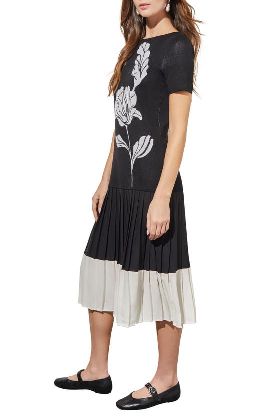 Shop Ming Wang Pleated Drop Waist Knit Midi Dress In Black/ White