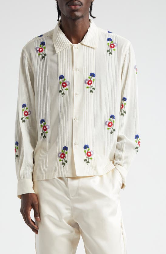 Shop Bode Beaded Wildflower Long Sleeve Cotton Button-up Shirt In White Multi