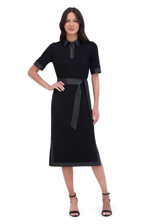 Eliza J Faux Leather Trim Tie Waist Midi Dress In Black