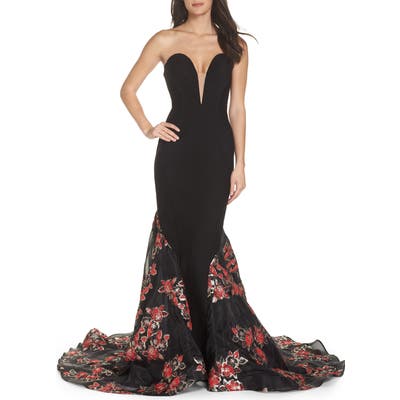 MAC Duggal Plunge Floral Jacquard Mermaid Gown, Black