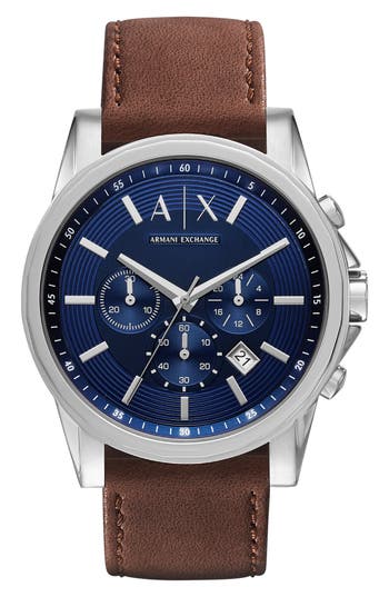 Shop Armani Exchange Ax  Chronograph Leather Strap Watch, 45mm In Brown/blue