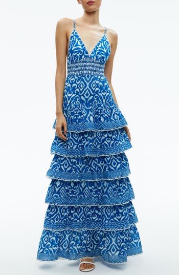 Alice And Olivia Imogene Tiered Maxi Dress In Artisan Ikat French Blue