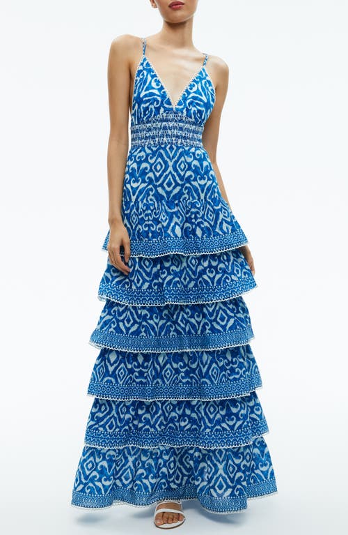 Alice + Olivia Imogene Ikat Print Tiered Open Back Maxi Dress Artisan French Blue at Nordstrom,