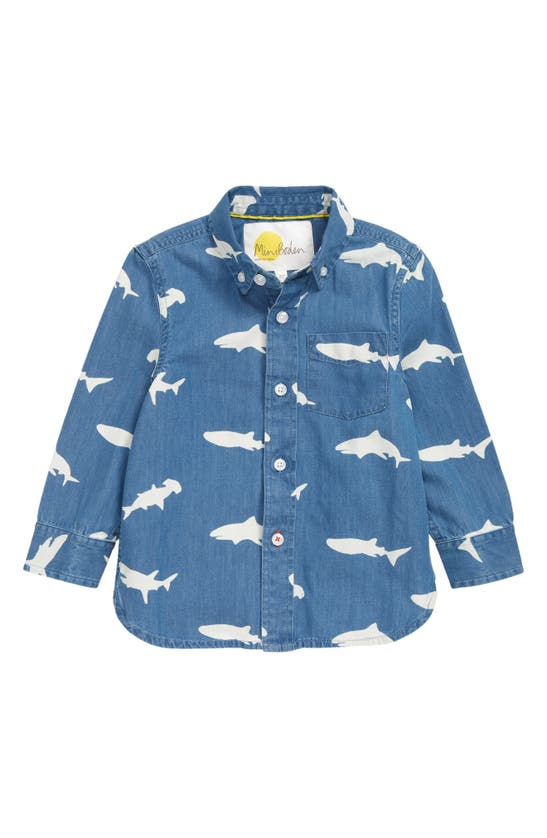 Mini Boden Kids' Interest Shark Print Button-up Denim Shirt In Light Denim Sharks
