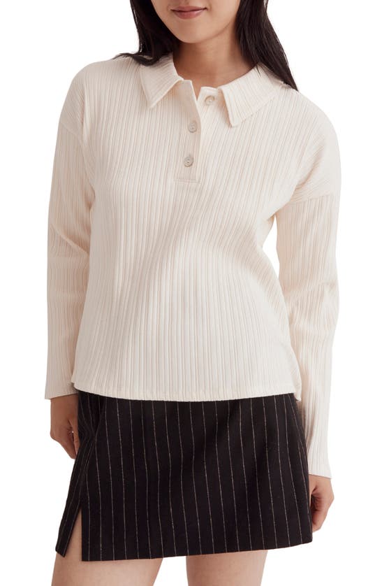 Shop Madewell Variegated Rib Long Sleeve Boxy Polo In Antique Cream