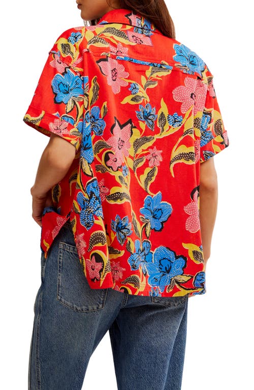 Free People Retro Tropics Palm Print Short Sleeve Button-up Shirt In Red Combo