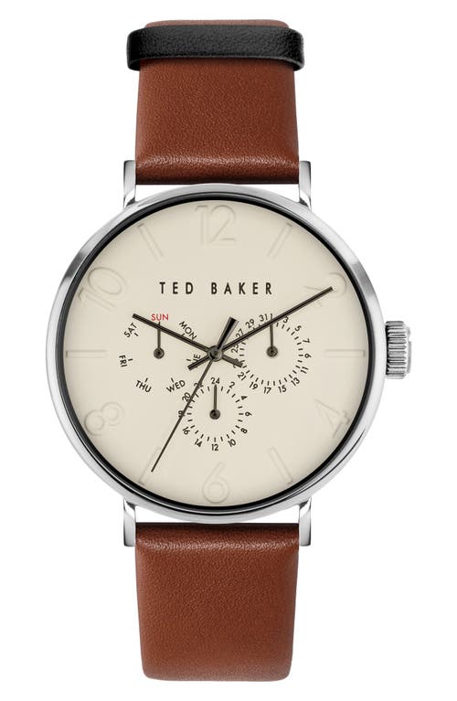 Shop Ted Baker London Phylipa Gents Leather Strap Watch, 41mm In Silver/cream/brown