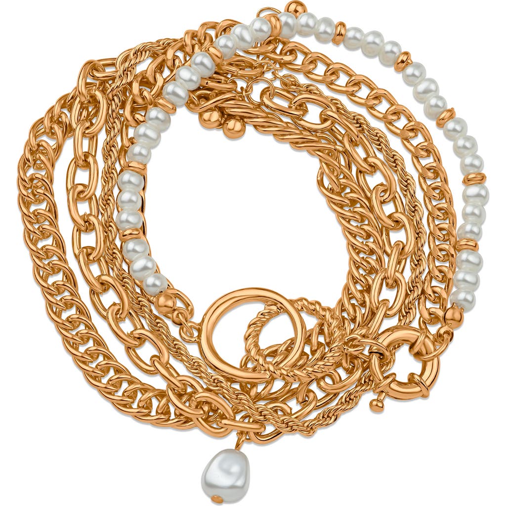 Jardin Imitation Pearl Mixed Chain Layered Bracelet In White/gold