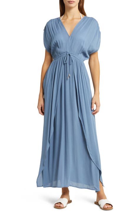 Elan Strapless Summer Dress in Blue Ibiza Print