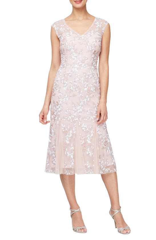 Alex Evenings Sequin Floral Cocktail Fit & Flare Dress In Shell Pink