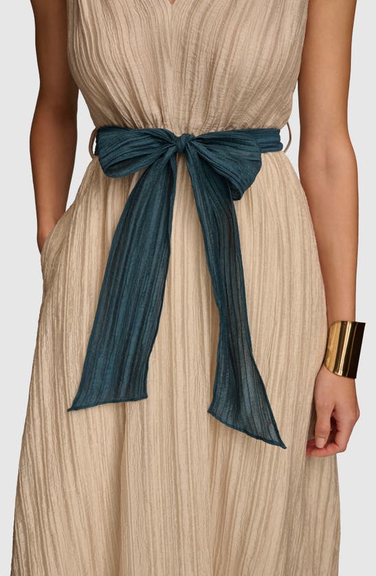 Shop Donna Karan Tie Waist Plissé Fit & Flare Dress In Sand/ Tide