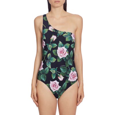 Dolce & gabbana Floral One-Shoulder One-Piece Swimsuit, (fits like 12 US) - Black