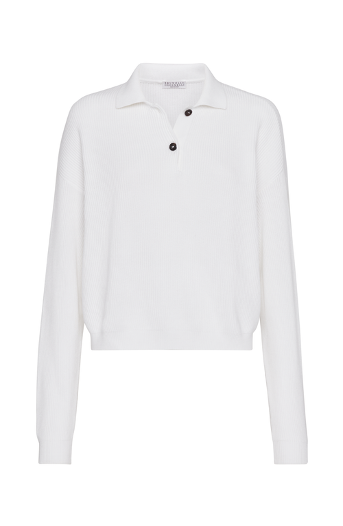 Shop Brunello Cucinelli Cotton English Rib Polo-style Sweater With Monili In White