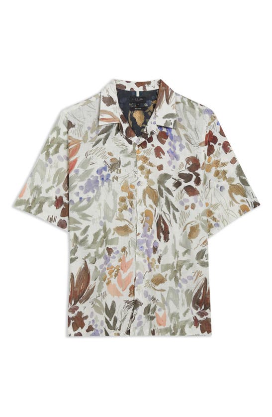 Shop Ted Baker Moselle Floral Linen & Cotton Camp Shirt In Stone/ Green Multi