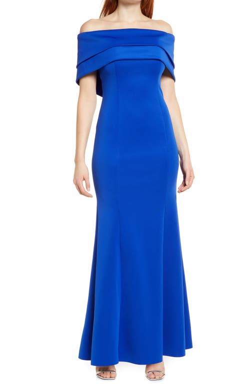Off the Shoulder Double Collar Organza Gown in Cobalt