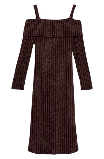 Speechless Kids'  Off The Shoulder Long Sleeve Hacci Knit Midi Dress In Rose Gold