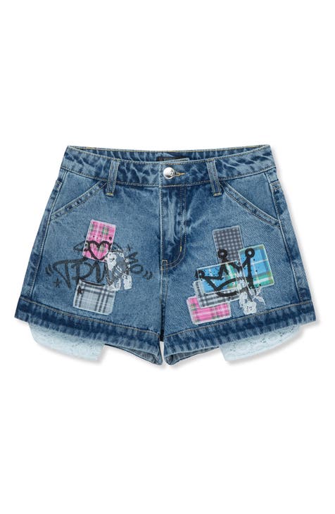 Lace Trim Appliqué Denim Shorts (Big Kid)