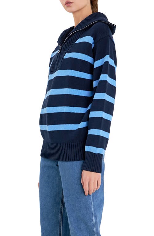 English Factory Stripe Cotton Zip Pullover In Navy/blue